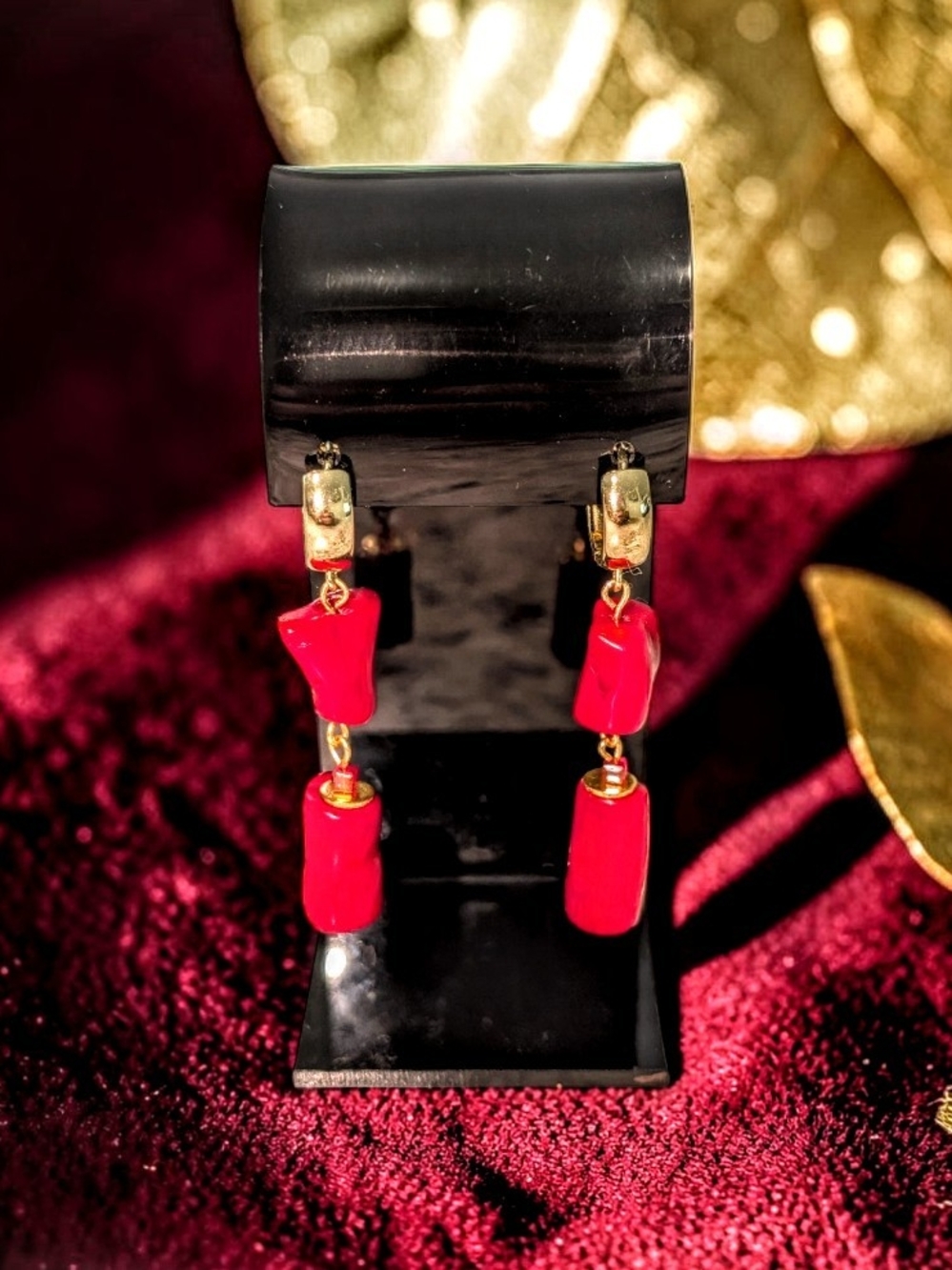 Red Coral Drop Earrings With Gold Plated 14k Accents - Elegant Women Jewelry